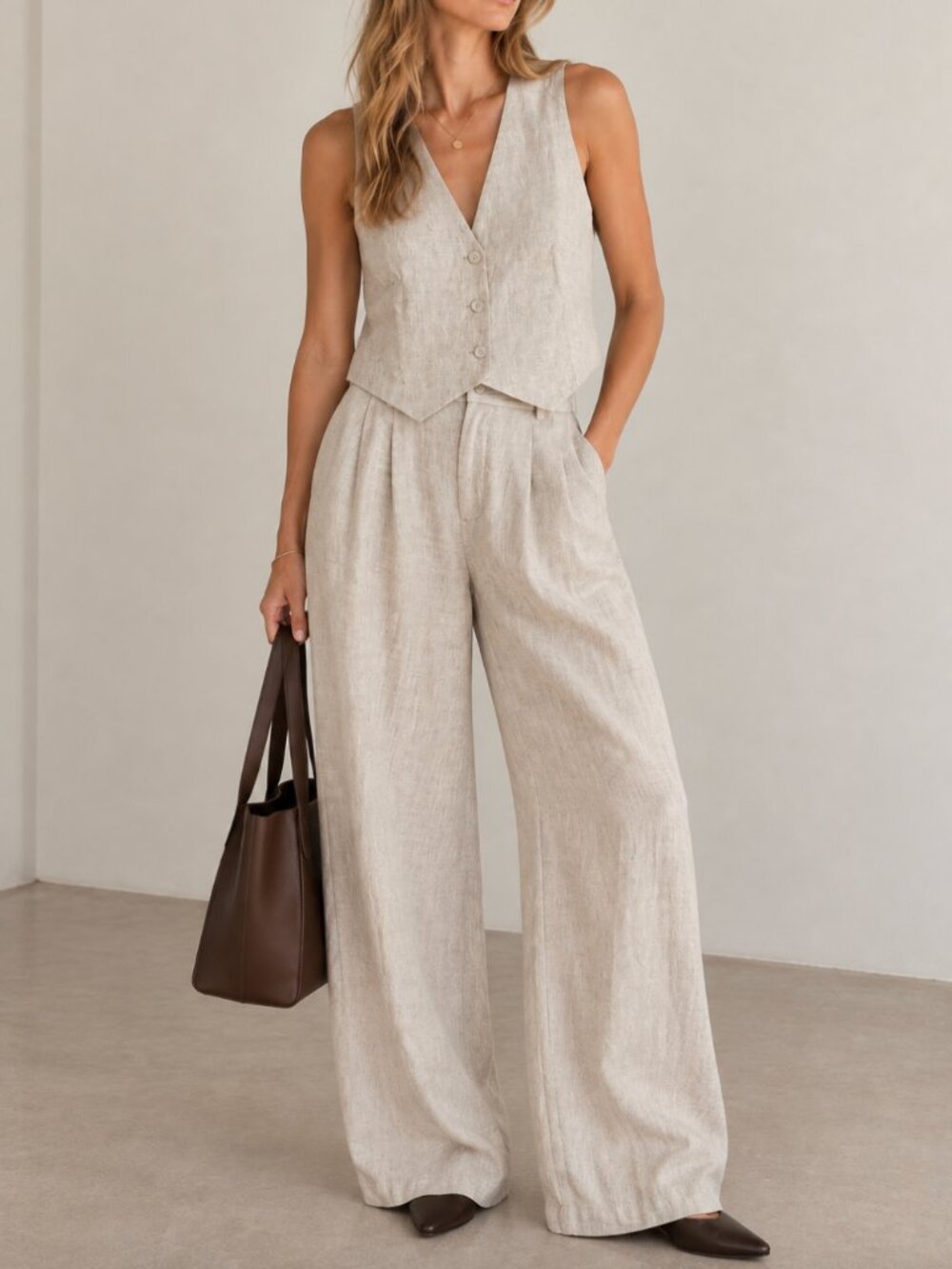 DISSH Norah & Banks Natural Linen Vest & Wide Leg Pant Set US 6